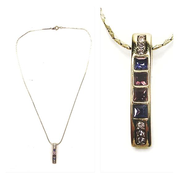 Multi Stone Pendant Necklace Gold Tone Chain Colorful Gems - Picture 1 of 9